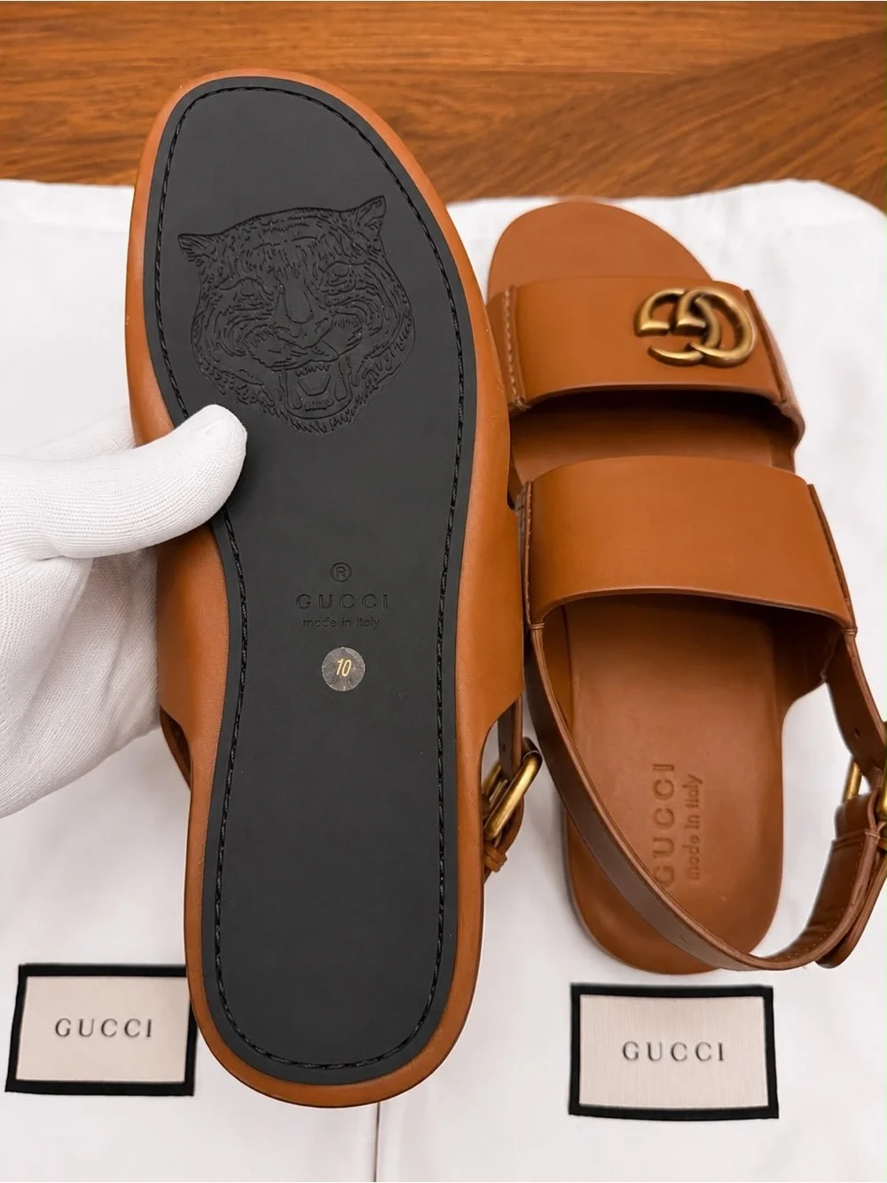 Authentic Gucci Double G Leather Slingback Sandals – Brown/Cognac – Size US 10